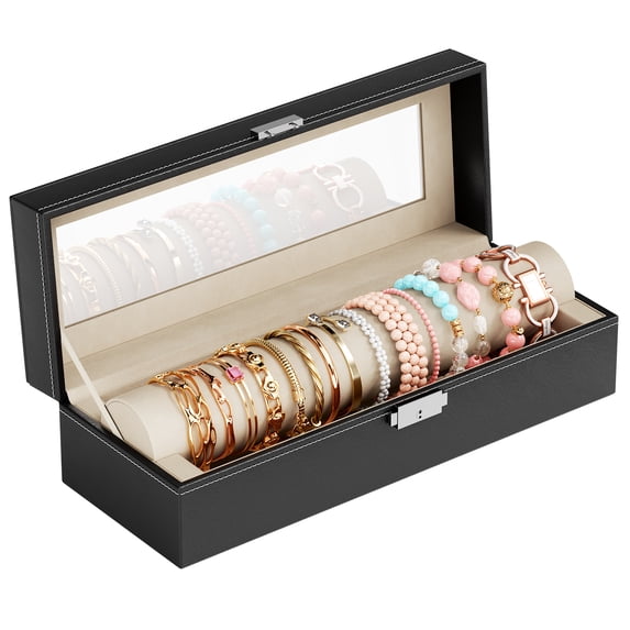 NiHome Bracelet Organizer & Bangle Box Lockable, Clear Lid Jewelry Storage Case with Rod for Bracelet Holder Display & Storage, Bangle Watches Organizer Box for Women Girls - PU Leather & Soft Selvet