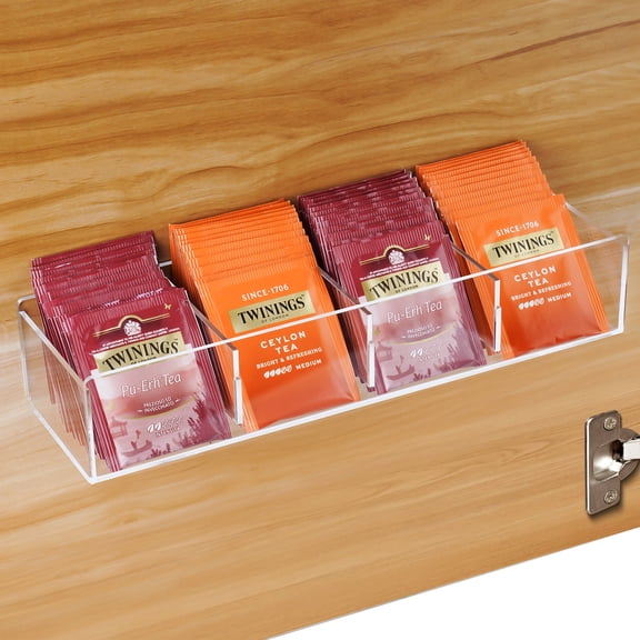 NiHome Large Acrylic Tea Bag Organizer Holder for Cabinet, Adhesive Tea Bag Coffee Capsule Organizer for Countertop, Clear Tea Bag Organizer with 4 Compartments for Wall Kitchen Pantry Drawer Tea Room
