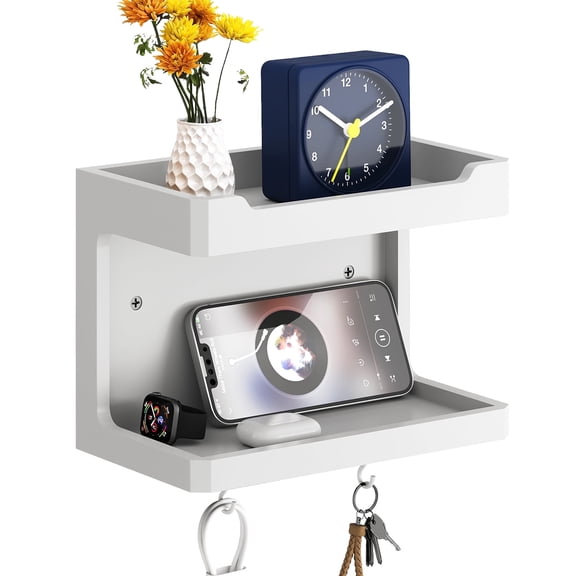 NiHome Large Wall Mounted Wooden Bedside Organizer, Double Storage Shelves & Hooks, Solid Wood Bedside Shelf for Phone Glasses Remote Keys, Space-Saving Wall Rack for Bedroom RV Dorm (White)