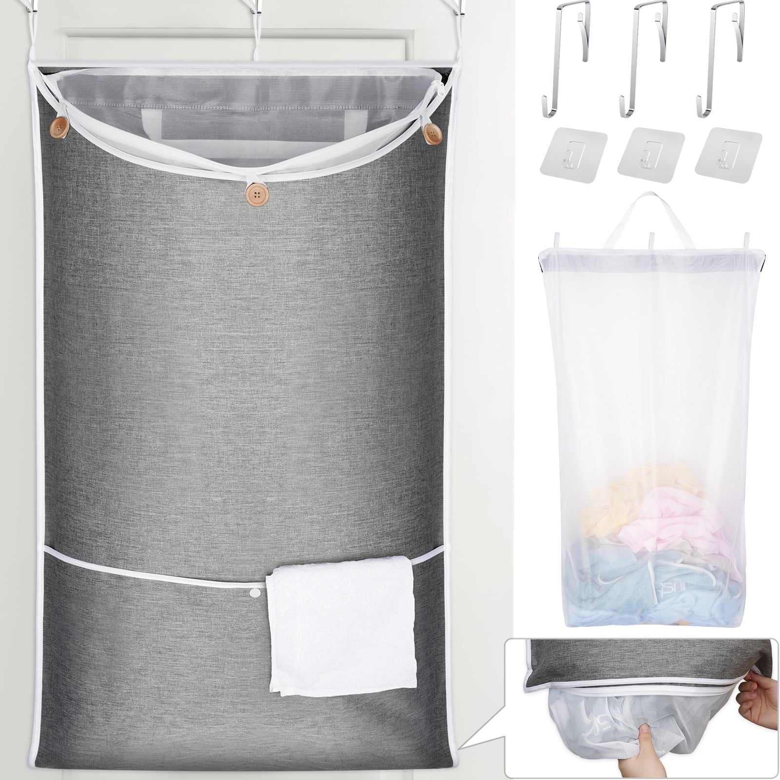 NiHome XXL Hanging Laundry Hamper Bag 39.4"x22.4" with Removable Delicates Bag, 2-in-1 Door Hamper with Dual Hooks, Wide Opening Laundry Bag for Dorm Bedroom Bathroom(Use Together or Separately)