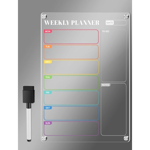 NiHome Magnetic Weekly Planner for Fridge, Clear Acrylic Meal Planner & Calendar Board, 30 x 21 cm Transparent Fridge Whiteboard for Menu, to-Do & Notes, Dry Erase Marker Included