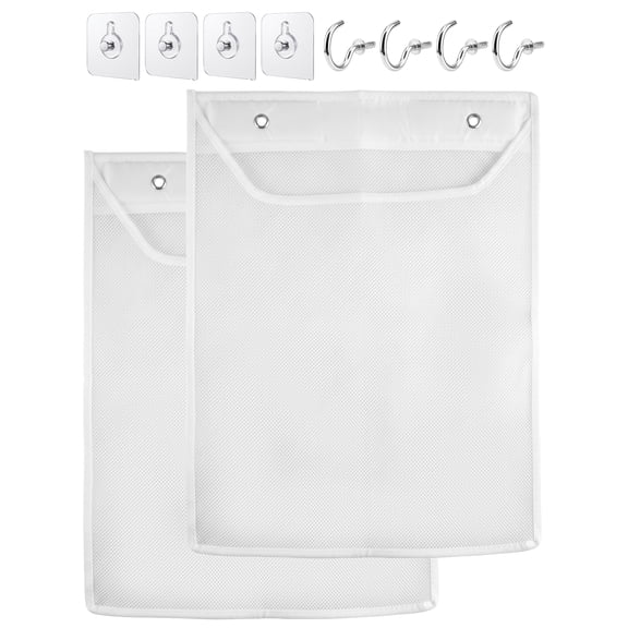 NiHome Mesh Rag Storage Bag 2-Pack with Hooks, Dishcloth Holder for Kitchen | Breathable Mesh Promotes Air Flow, Machine Washable, 8 Hooks For Cabinet Door Mount, Keeps Dirty Rags Separate, White