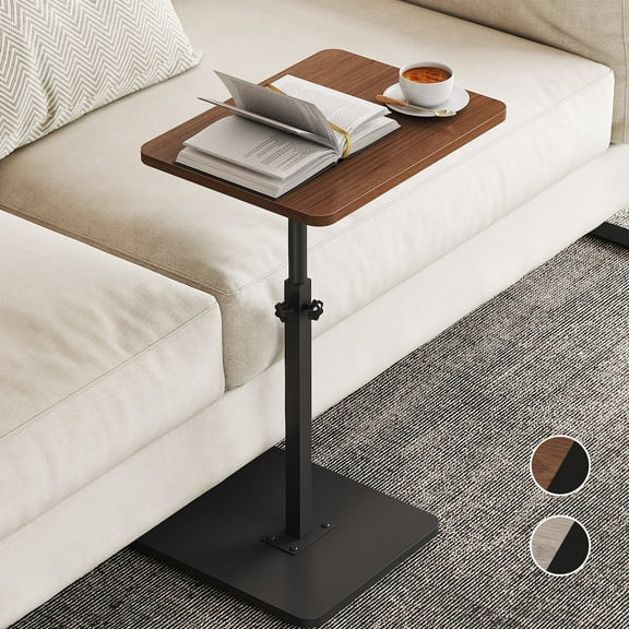 NiHome Minimalist Height Adjustable End Table, 360° Rotatable Sofa Armrest Side Tray Table, Adjustable Legs Space-Saving Couch Bedside Bathtub TV Tray C-Shaped End Table Snack Table for Eating(Brown)
