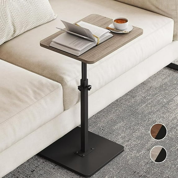 NiHome Minimalist Height Adjustable End Table, 360° Rotatable Sofa Armrest Side Tray Table, Adjustable Legs Space-Saving Couch Bedside TV Tray C-Shaped End Table Snack Table for Eating (Gray)