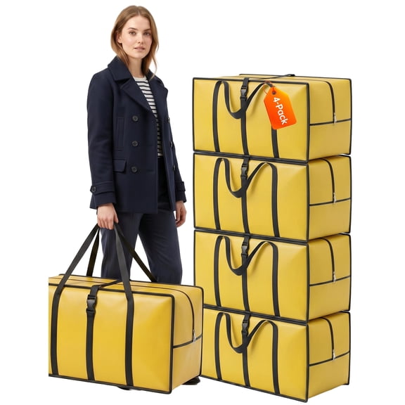NiHome 4 Pack Heavy Duty Moving Bags, 92L Large Moving Bags for Moving House, Extra Large Strong Packing Bags with Zip Opening and Wrap-Around Handles, Reusable Storage Bags, Yellow