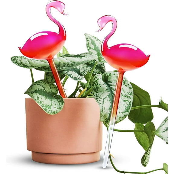 NiHome Plant Watering Globes 2PCS Flamingo Gradient Hot Pink 10" Glass Long Hand Blown Bulbs Self-Watering Pot for Indoor Outdoor Patio Hanging Flower Spike Decorative Automatic Irrigation