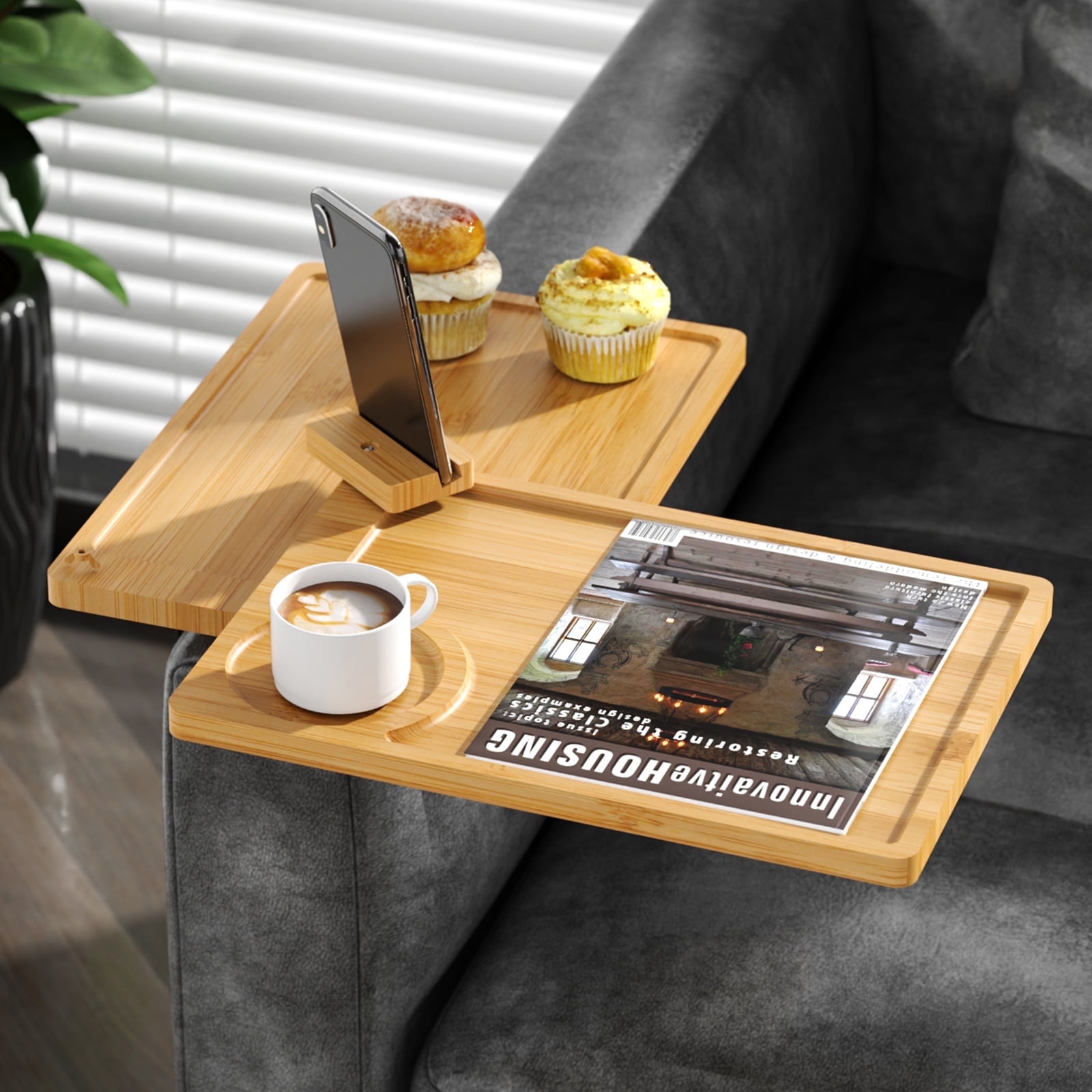 NiHome Rotatable Bamboo Couch Armrest Table Tray, Adjustable Sofa