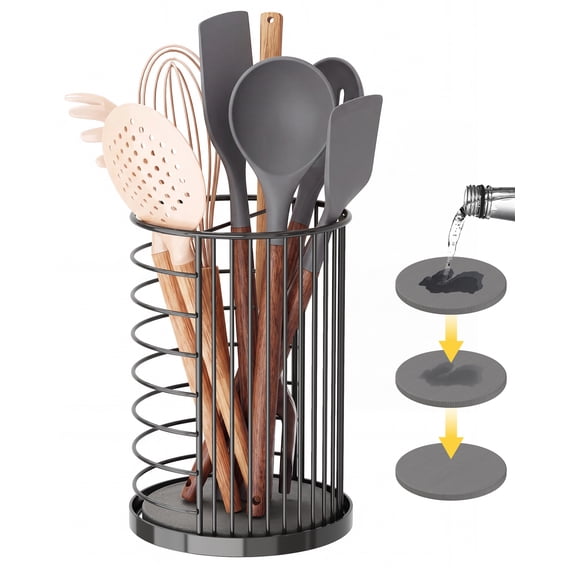 NiHome Kitchen Utensil Holder for Countertop - 5.5" x 7.3" Large Cooking Utensil Organizer with Dual-Circulation Vent & Removable Diatomite Base, Matte Black Metal Spatula Holder Container