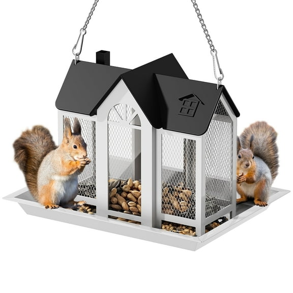 NiHome Metal Squirrel Feeder Outdoor Hanging House, 10"x8"x7" Large Capacity with Rainproof Cover and Acrylic Window, Chew-Resistant Food Station for Backyard, Balcony, Patio, Tree Mount, Easy to Han