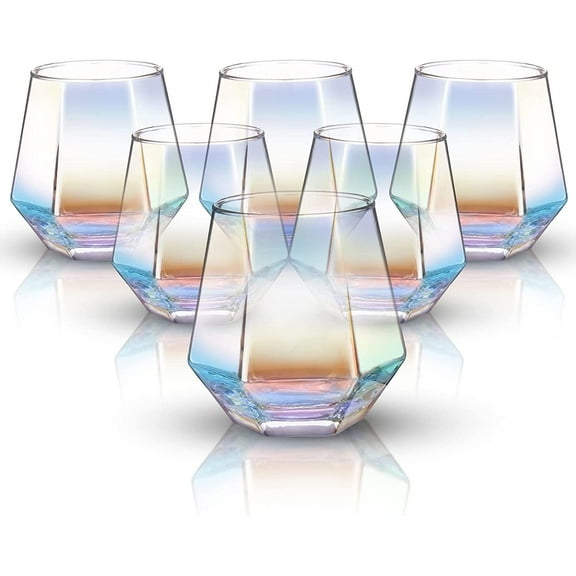 NiHome Stemless Wine Glasses 10 oz Set of 6 Iridescent Wine Glasses Diamond Shaped Crystal Unique Colorful Tumblers for Red & White Wine, Cocktails, Whiskey for Women Men