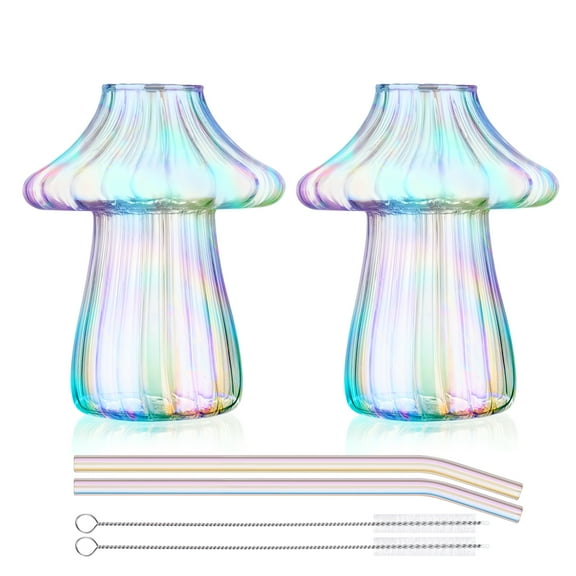 NiHome Striped Design Mushroom Cocktail Glass Cups with Matching Straws 2-Pack, 16 oz Large Capacity for Beverages, Versatile Use as Elegant Decor or Vases, Sturdy & Chemical-Free Glass (Iridescent)