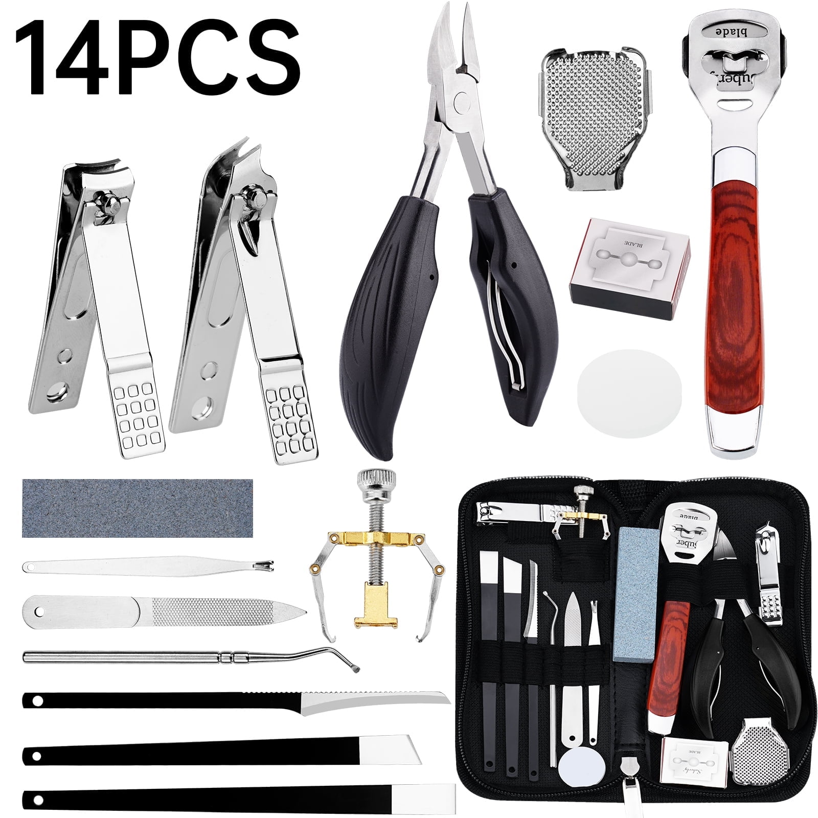NiHome 14-In-1 Nail Care Set for Thick and Ingrown Nails for Men, Women, Seniors, Heavy-Duty Toenail Clipper Kit with Travel Case, Stainless Steel Trimmer, Dual Spring Cutter with Non-Slip Handle