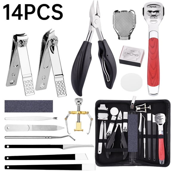 NiHome 14-in-1 Black Nail Care Set for Thick and Ingrown Nails, Stainless Steel Toenail Clipper Kit with Travel Case