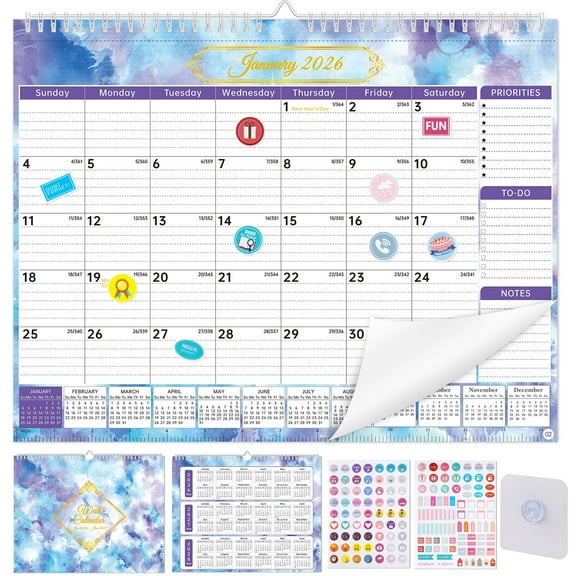 NiHome 2026-2027 Large Wall Calendar with DIY Stickers & Adhesive Hooks, 14.8"x11.5" 18-Monthly Wall Calendar Jan. 2026-Jun. 2027, Detailed Planning Sections, Thick Paper & Robust Metal Wire Binding