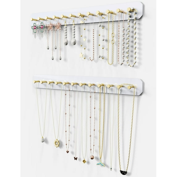 NiHome Wall Mounted Acrylic Jewelry Organizer 2-Pack, Durable Sleek Rack Strong Carbon Steel Hooks for Dressing Table, Bathroom, Kitchen, Hassle-Free Installation Multiple Mounting Options (White)