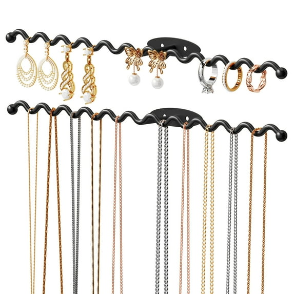 NiHome Wall Mounted Metal Jewelry Organizer Racks for Necklaces, Earrings, Bracelets, Rings, Decorative Display Wave Design Storage Holders for Bedroom, Bathroom, Kitchen, Entryway (2-Pack, Black)