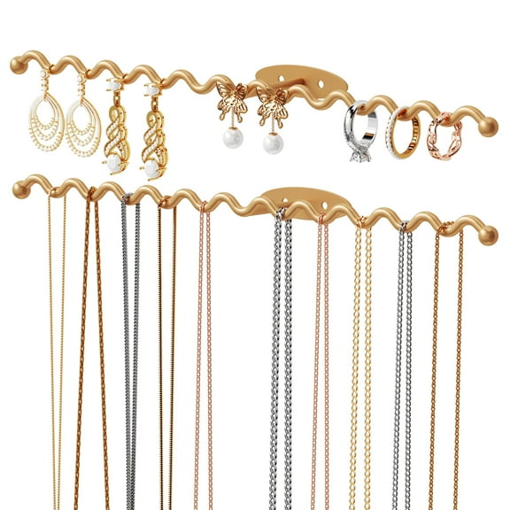 NiHome Wall Mounted Metal Jewelry Organizer Racks for Necklaces, Earrings, Bracelets, Rings, Decorative Display Wave Design Storage Holders for Bedroom, Bathroom, Kitchen, Entryway (2-Pack, Gold)