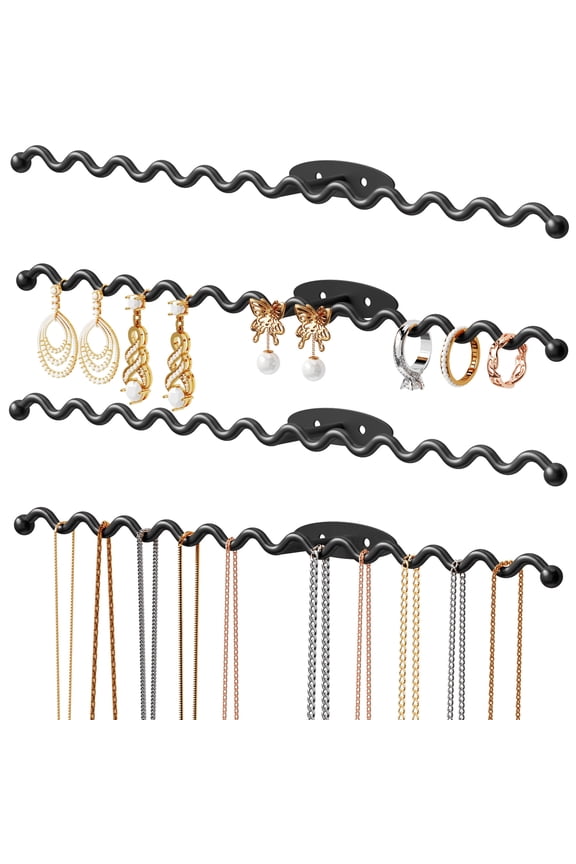 Wall Mounted Metal Jewelry Organizer Racks for Necklaces, Earrings, Bracelets, Rings, Decorative Display Wave Design Storage Holders for Bedroom, Bathroom, Kitchen, Entryway (4-Pack, Black)