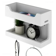 NiHome Wall Mounted Wooden Bedside Shelf Organizer, Double Tray Bedside Wall  Accessories Storage with Magnetic Hooks,Bedroom Dorm RV Wall Caddy Holder for Phone Glasses Alarm Clock Remote(White)
