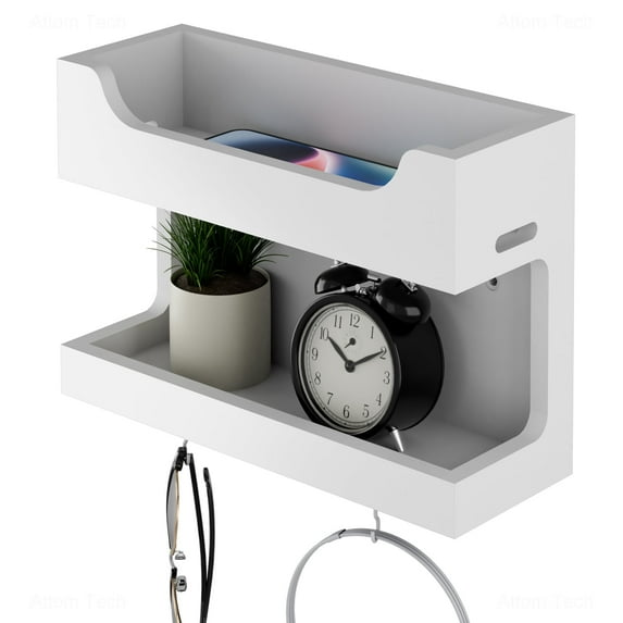 NiHome Wall Mounted Wooden Bedside Shelf Organizer, Double Tray Bedside Wall Accessories Storage with Magnetic Hooks,Bedroom Dorm RV Wall Caddy Holder for Phone Glasses Alarm Clock Remote(White)