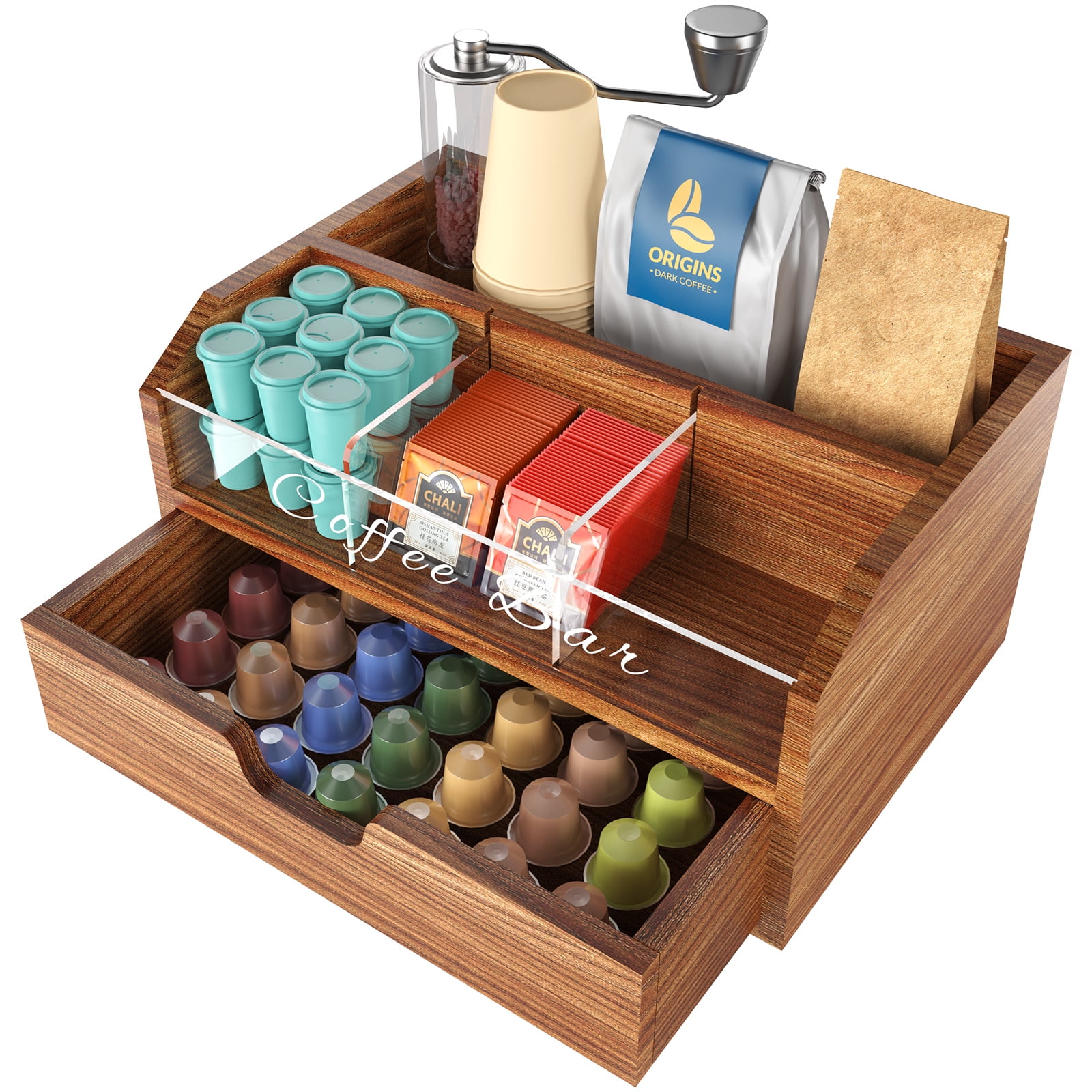 NiHome Wood & Acrylic Coffee Station Organizer with Storage Drawer, Multi-Purpose Adjustable Compartments Coffee Pod Holder for Home, Office, Hotel, Kitchen Counter Storage for Tea, Sugar, Cups