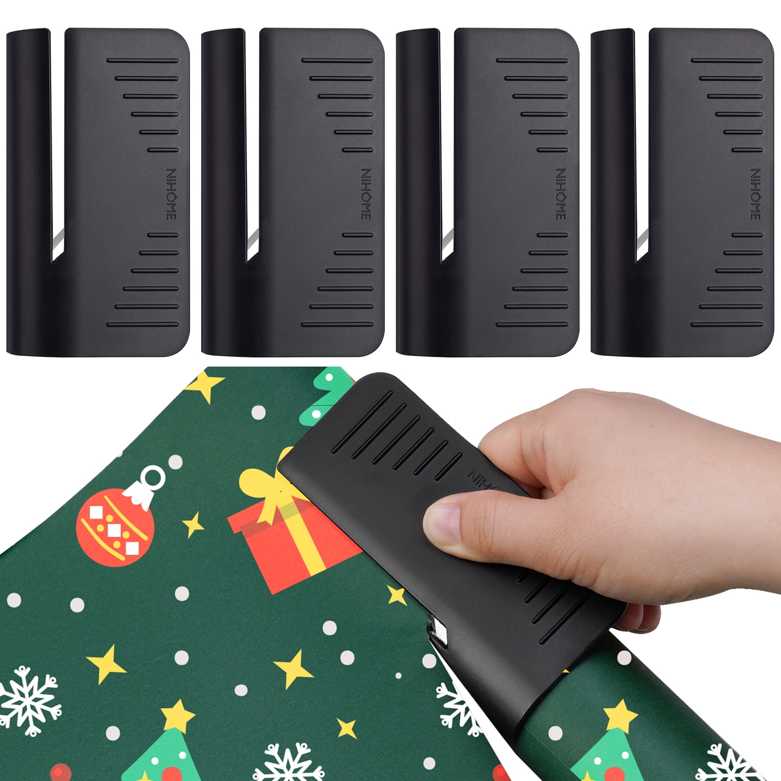 NiHome 4-Pack Wrapping Paper Cutters with Storage Box, Gift Wrap Cutter Tool, Gift Paper Roll Cutter for Christmas Xmas, New Year and Birthday Gift Wrapping, Ergonomic for Cutting Small & Large Rolls