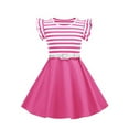 thumbnail image 1 of NiSHUIHAN Birthday Dress for Girls Girls Summer Retro Waist Stripe Solid Color Spliced Flying Sleeve Sleeves Round Neck Dress Pinks 150, 1 of 8