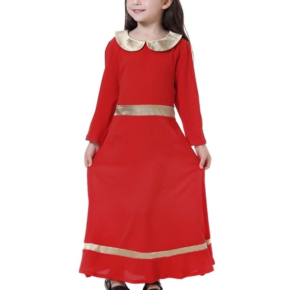 NiSHUIHAN Birthday Dress for Girls Muslim Long Dress Medium Big Girls Long Sleeve Doll Collar Colorblock Dress Red 12-13 Years