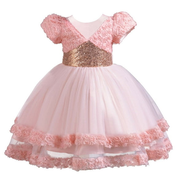 NiSHUIHAN Cute Dress Children Glitter Netting Princess Dress Girl Short Sleeve Puffy Gown Dress Pinks 120