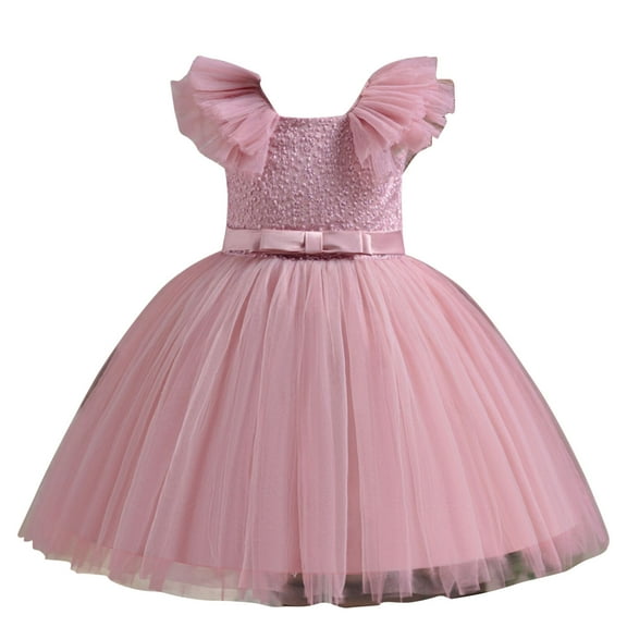 NiSHUIHAN Cute Summer Dress Girls' Summer New Sleeveless Ruffled Lace Round-Neck Embroidery Mesh Princess Bow Skirt Pinks 5 Years