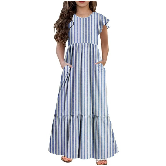 NiSHUIHAN Dress Up Clothes for Girls 4-6 Fashion Girls Summer New Short Sleeves Round Neck Solid Color Dress Blue 130