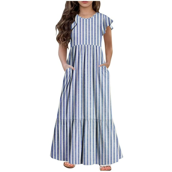 NiSHUIHAN Dress Up Clothes for Girls 4-6 Fashion Girls Summer New Short Sleeves Round Neck Solid Color Dress Blue 130