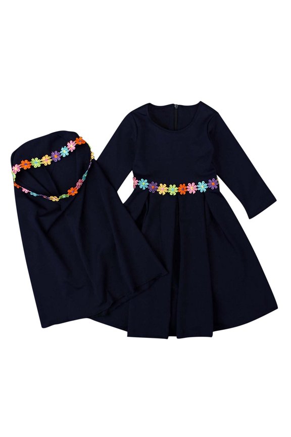 Dress for Girls Girls Long Sleeve Solid Color Round Neck Dress Lace Turban Two Piece Muslim Children's Clothing Blue 5-6 Years