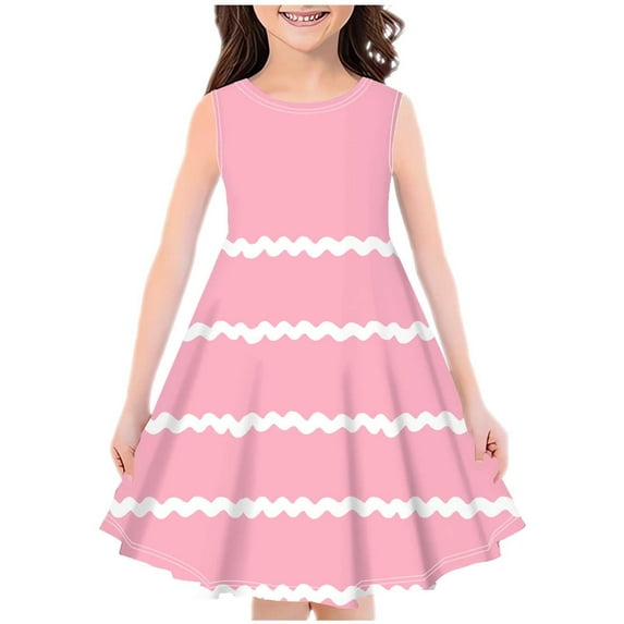 Huvoen Dresses for Teen Girls Fashion Girls Summer New Sleeveless Round Neck Printed Dress Pinks 110