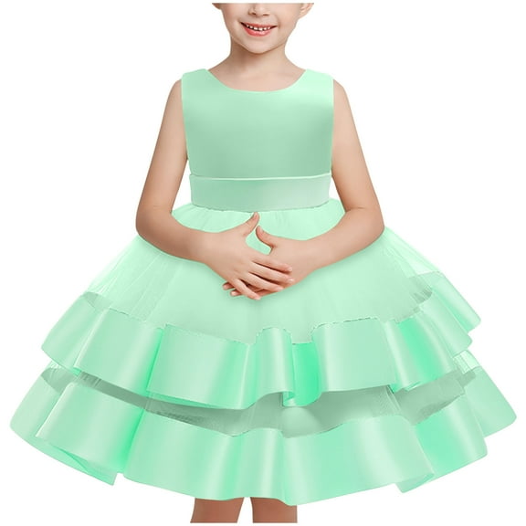 NiSHUIHAN Flower Girl Dress Girls' Summer New Sleeveless Ruffled Lace Round-Neck Embroidery Mesh Princess Bow Skirt Green 3 Years