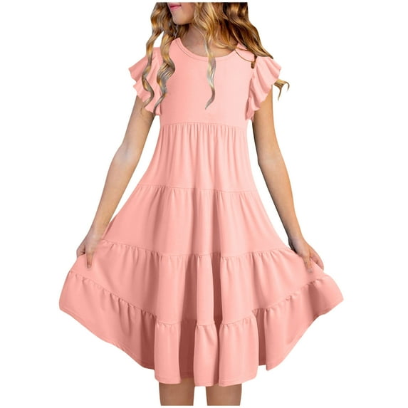 NiSHUIHAN Girl's Summer Dresses 2024 Ruffle Sleeve Crew Neck Loose Casual Flowy Tiered Boho Sun Dress with Pockets Pinks 10 Years