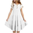 thumbnail image 1 of NiSHUIHAN Girl's Summer Dresses 2024 Ruffle Sleeve Crew Neck Loose Casual Flowy Tiered Boho Sun Dress with Pockets White 14 Years, 1 of 7