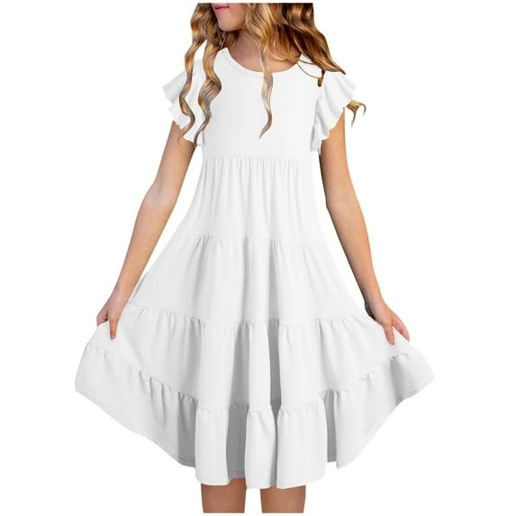 NiSHUIHAN Girl's Summer Dresses 2024 Ruffle Sleeve Crew Neck Loose Casual Flowy Tiered Boho Sun Dress with Pockets White 14 Years