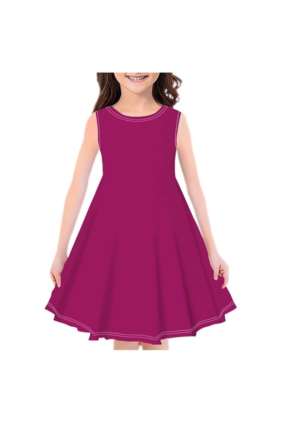 Girls Crew Neck Sleeveless Casual A-Line Swings Dress Toddler Summer Sundress Red 120