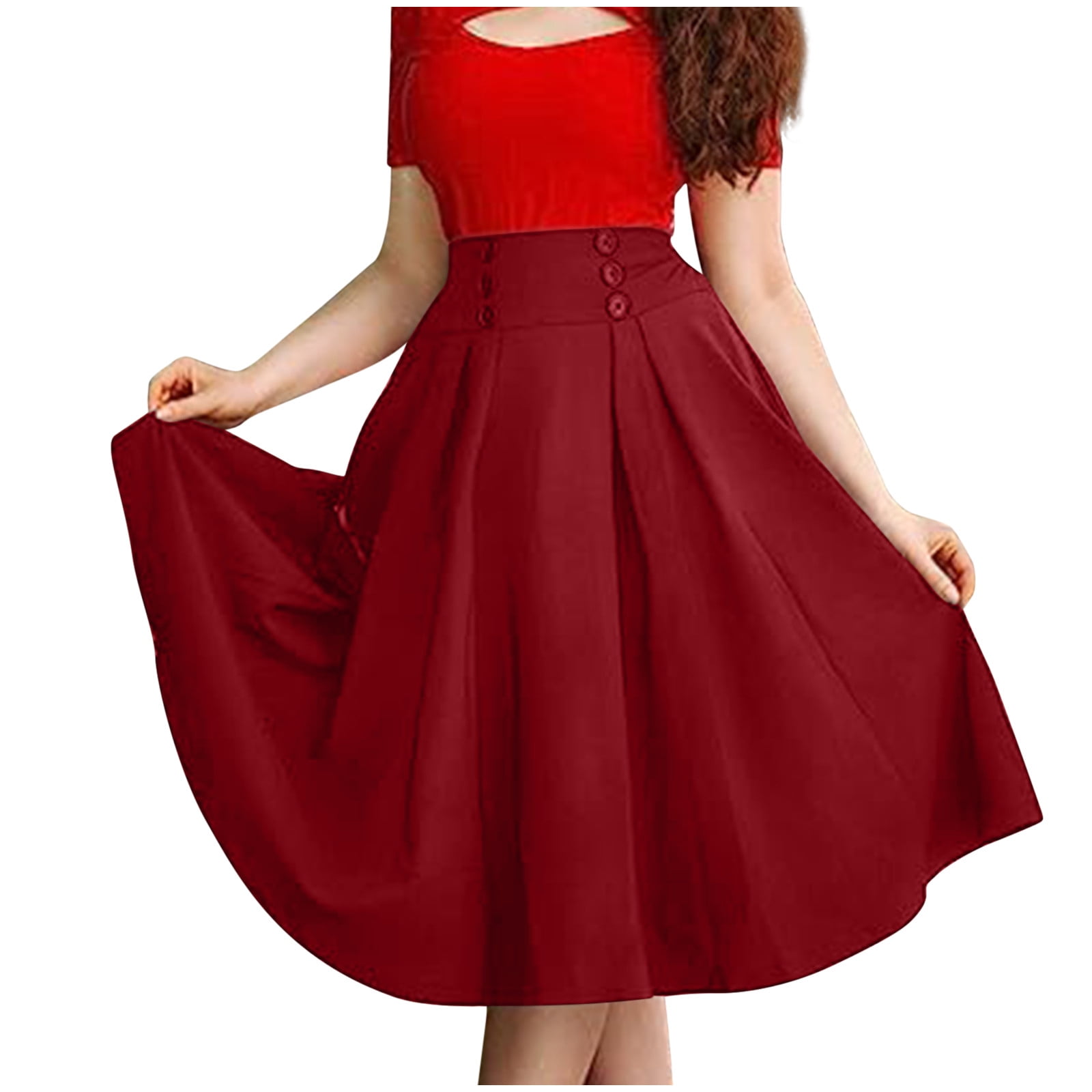NiSHUIHAN Girls Women s Pleated Midi Skirt Elegant High Waisted Swing Long Skirts Business Casual A Line Flare Skirt with Button Decor Red 3xl Walmart