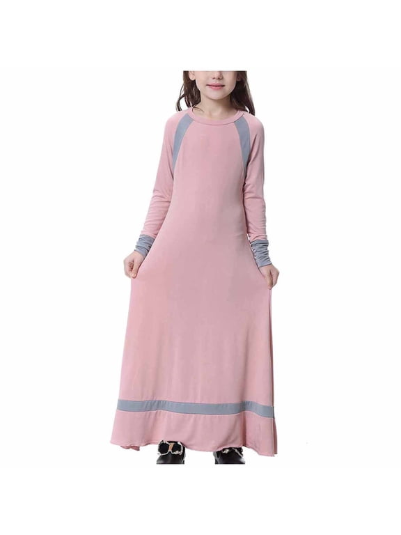 Kids Girls Muslim Islamic Long Dress Long Sleeves Round Neck Colorblock Dress Soft Full Length Robe Burka Arab Maxi Dresses Pinks 14-15 Years