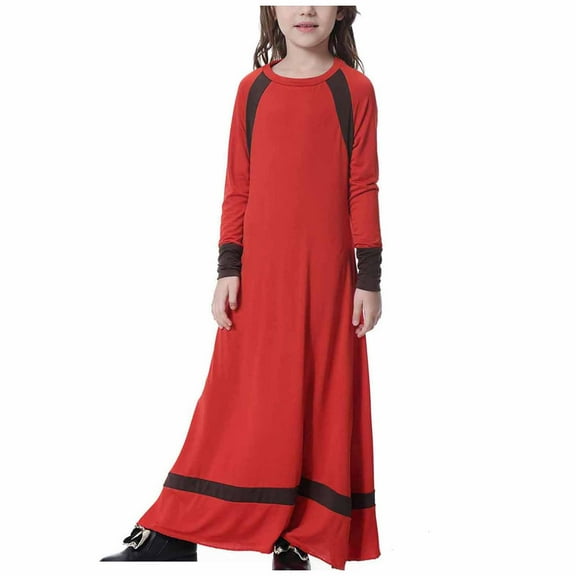 NiSHUIHAN Kids Girls Muslim Islamic Long Dress Long Sleeves Round Neck Colorblock Dress Soft Full Length Robe Burka Arab Maxi Dresses Red 12-13 Years