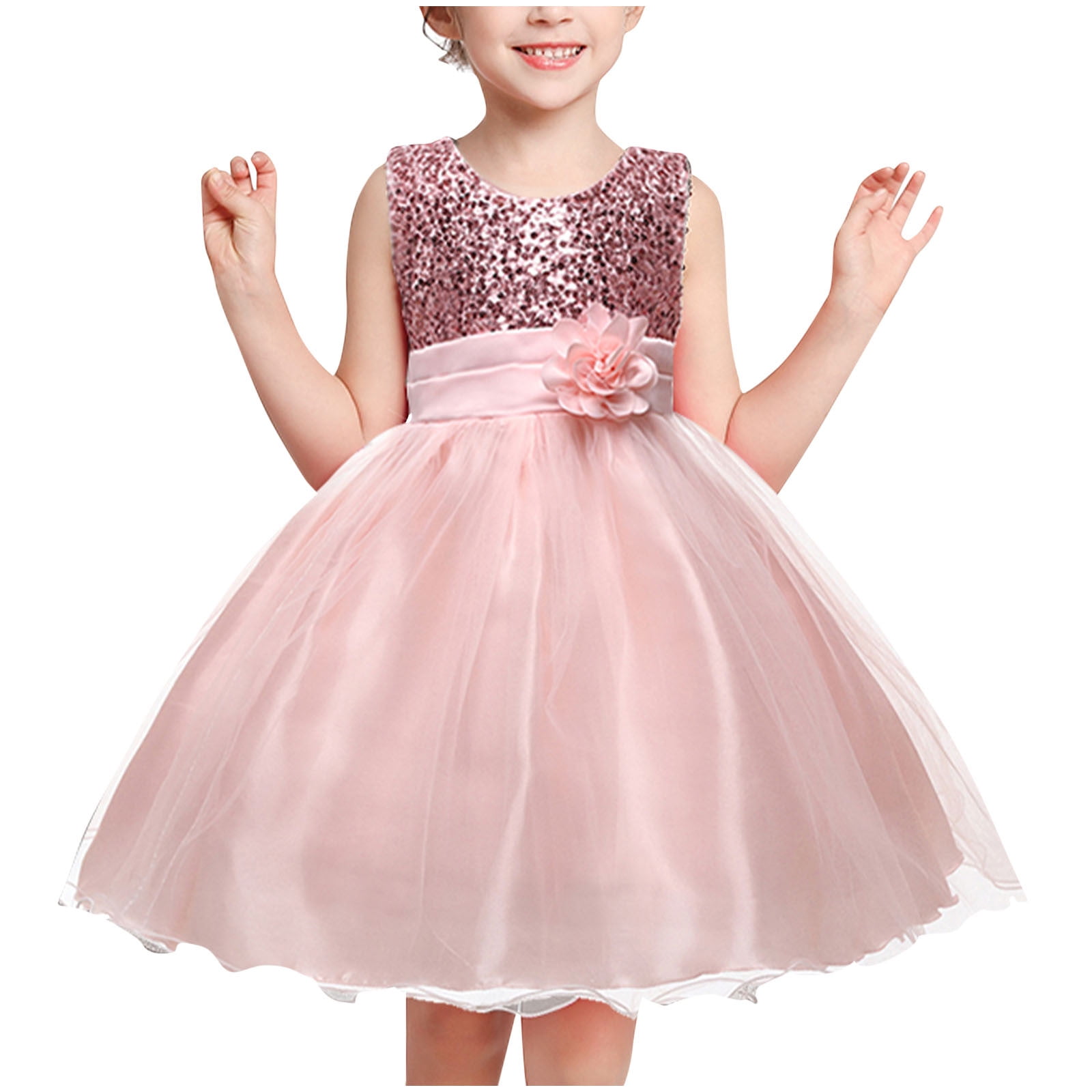 Huvoen Princess Dress for 3 Year Old Girls Girls' Summer New Sleeveless Ruffled Lace Round-Neck Embroidery Mesh Princess Bow Skirt Pinks 7 Years