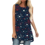 NiSHUIHAN Summer Tank Tops for Women Round-Neck Tank Top Women Casual T-shirt Independence Day Printed Round Neck Sleeveless Pullover Blouse Tops Camisoles for Women for Under Clothes Blue s