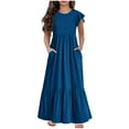 thumbnail image 1 of NiSHUIHAN Teen Girls Maxi Long Dress Ruffle Sleeve Round Neck Solid Color Casual Holiday Dresses with Pockets Blue 140, 1 of 6