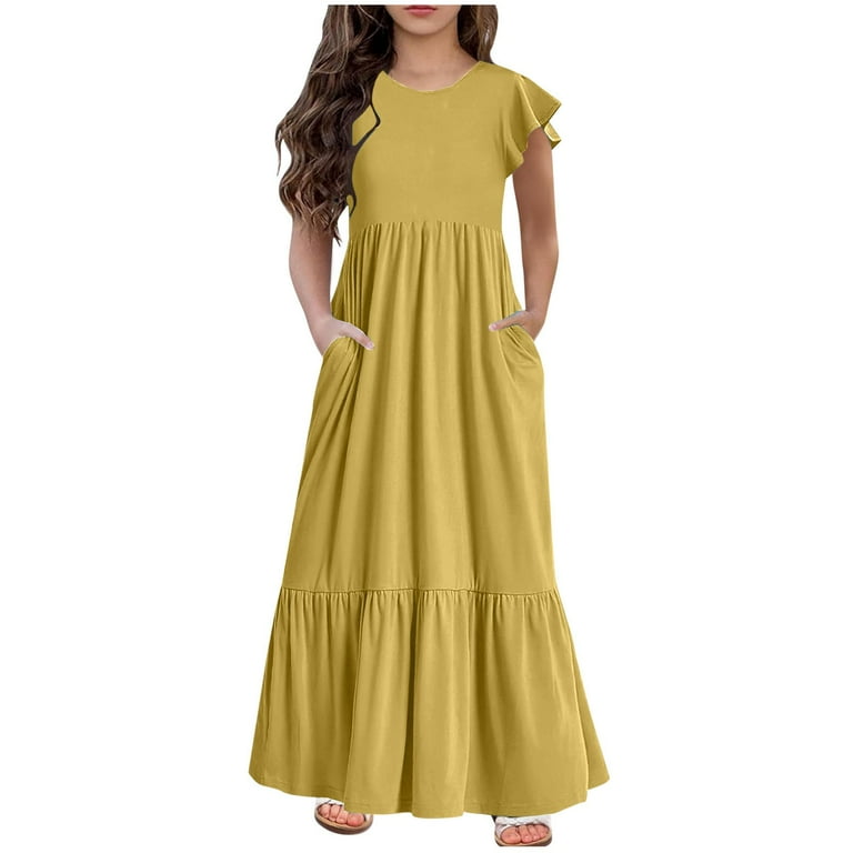 Huvoen Teen Girls Maxi Long Dress Ruffle Sleeve Round Neck Solid Color  Casual Holiday Dresses with Pockets Yellow 140 - Walmart.com
