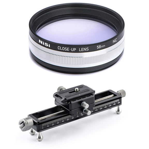 NiSi Close-Up Lens Kit NC 58mm with 49 & 52mm Adapters with NiSi NM-180 Macro Focusing Rail with 360 Degree Rotating Clamp