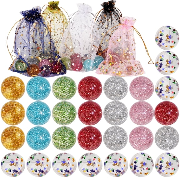 30-Pack Glitter Bouncy Ball Set, Includes 20 Glitter and 10 Star Bouncy Balls with 5 Mesh Bags, 1.3" High Bounce Rubber Balls for Kids' Birthday Party Favors, Outdoor Play, Bath-Time Fun & More