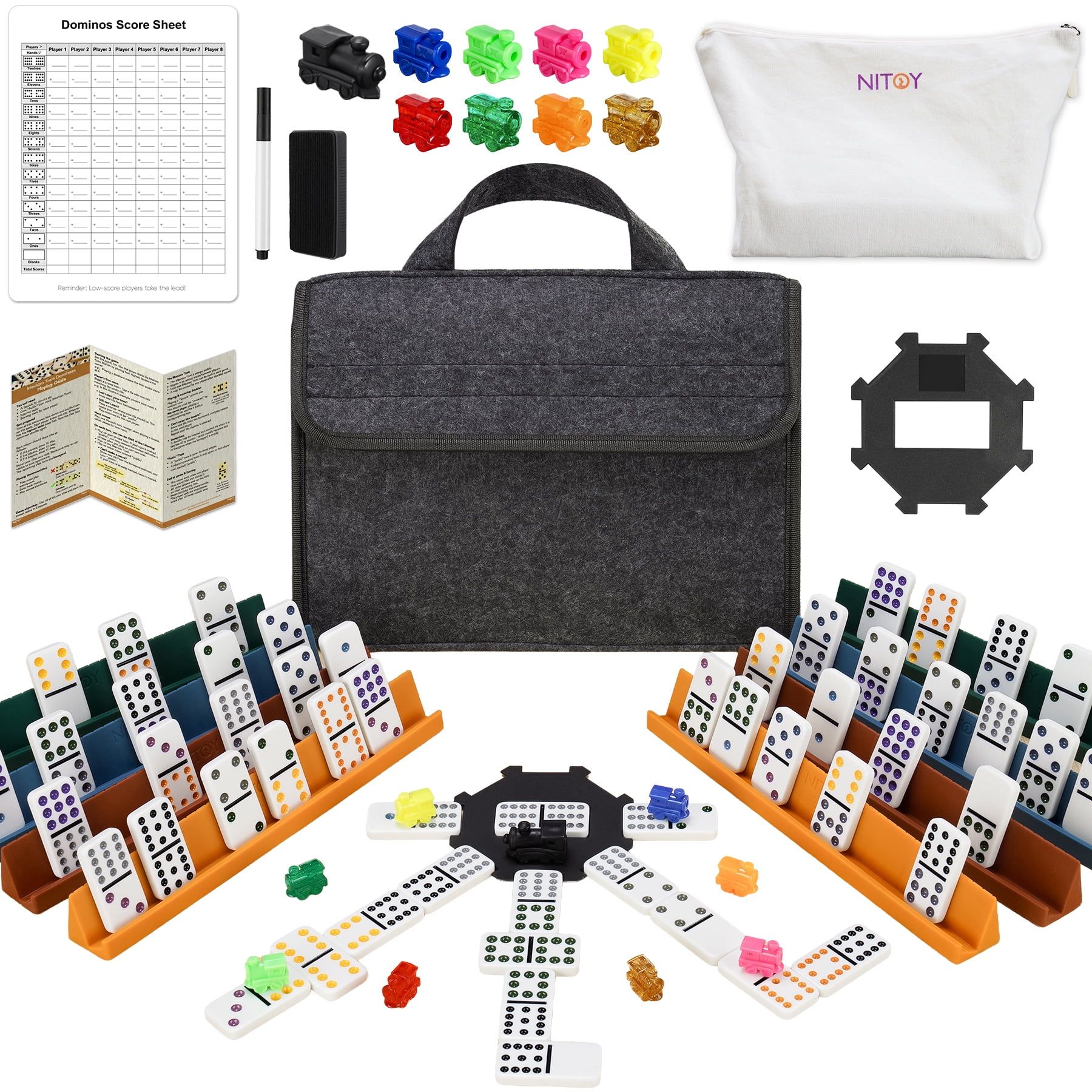 Mexican Train Dominoes Set for Adults, Double 12 Dominoes with 8 Silicone Racks, 91 Color-Coded Tiles, Hub, 9 Train Markers, Scoreboard & Carry Bags - Classic Family Board Game
