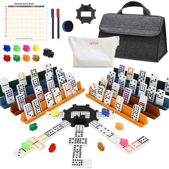 Nitoy Mexican Train Dominoes Set for Adults, Double 12 Dominoes with 8 Silicone Racks, 91 Color-Coded Tiles, Hub, 9 Train Markers, Scoreboard & Carry Bags - Classic Family Board Game